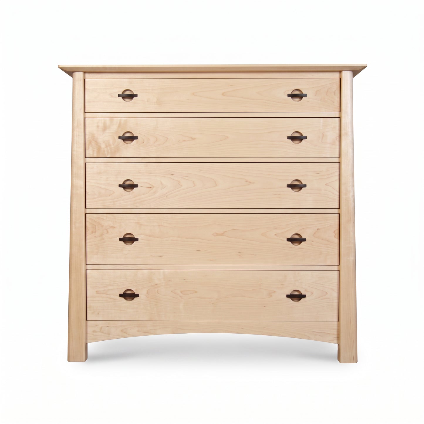 Cherry Moon Wide 5-Drawer Chest by Maple Corner Woodworks featuring light cherry wood and dark handles, expertly crafted for spacious bedroom storage.