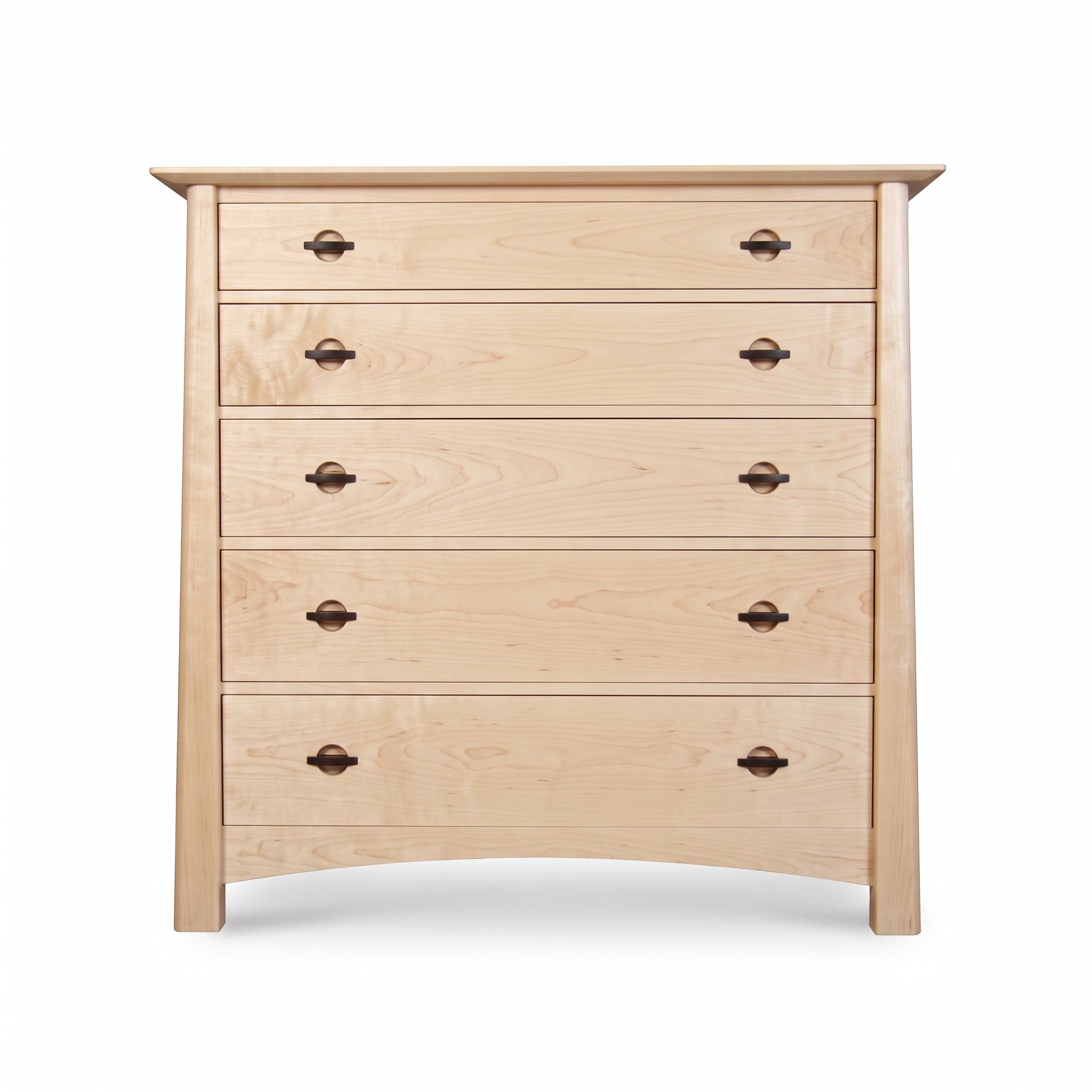 Cherry Moon Wide 5-Drawer Chest by Maple Corner Woodworks featuring light cherry wood and dark handles, expertly crafted for spacious bedroom storage.