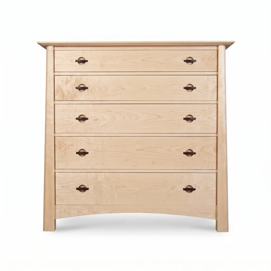 Cherry Moon Wide 5-Drawer Chest by Maple Corner Woodworks featuring light cherry wood and dark handles, expertly crafted for spacious bedroom storage.
