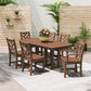 Six POLYWOOD Chippendale Outdoor Dining Chairs surround a brown patio table, showcasing durable, American-made outdoor furniture craftsmanship.