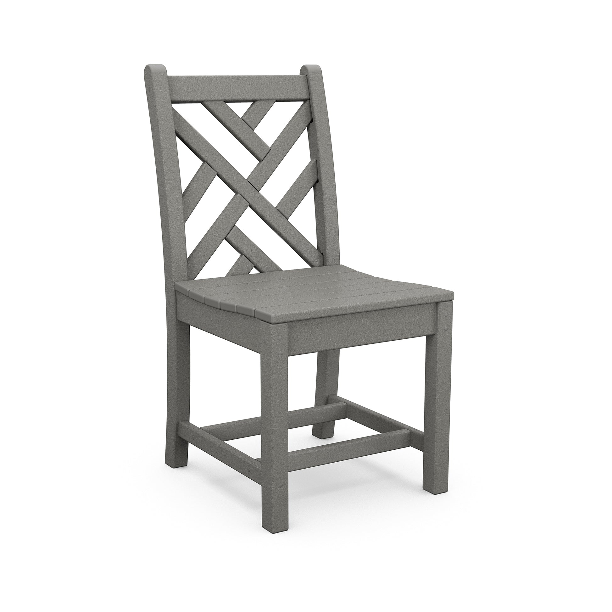 A gray POLYWOOD Chippendale Outdoor Dining Side Chair with a crisscross backrest design and square seat, displayed on a white background.