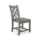 A simple gray POLYWOOD® Chippendale Outdoor Dining Side Chair shown from a slightly raised angle, highlighting its square seat and slightly angled backrest, set against a white background.