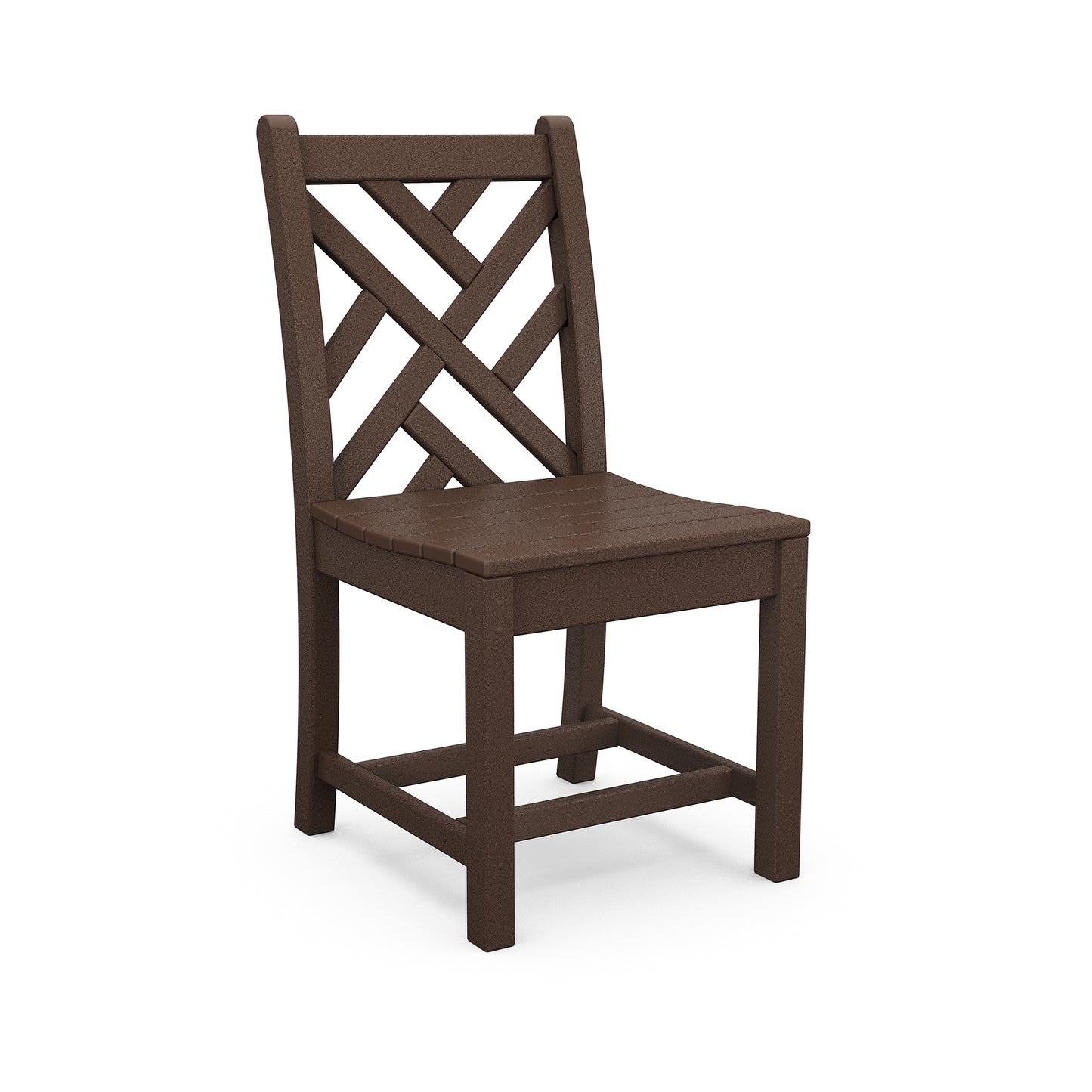 A brown outdoor dining chair with a criss-cross back design, made from durable POLYWOOD® and resembling wood, shown against a white background.
