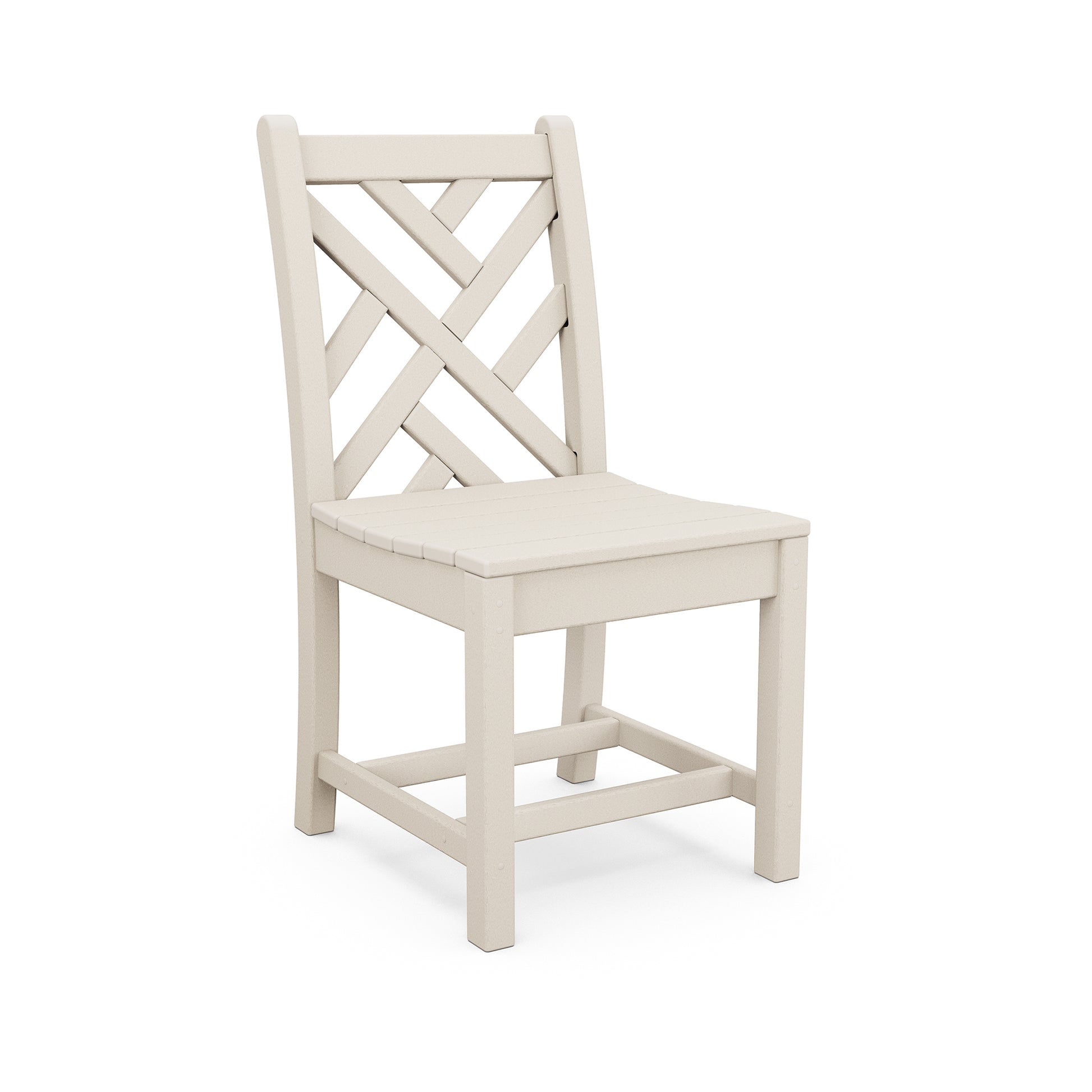 A light beige POLYWOOD® Chippendale Outdoor Dining Side Chair with a crisscross back design and a square seat, isolated on a white background.