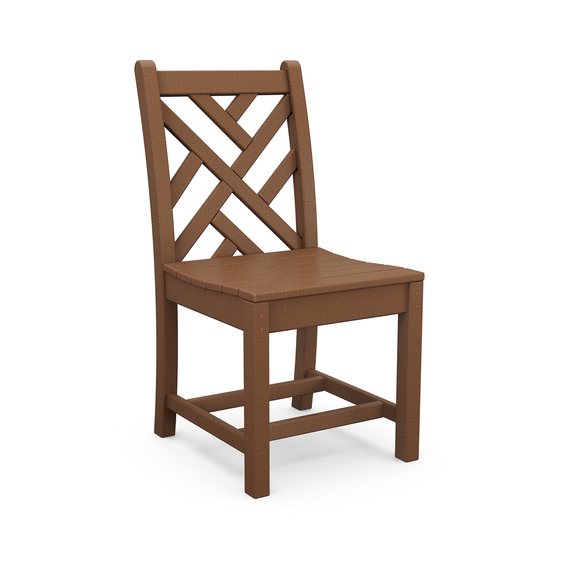 A brown POLYWOOD® Chippendale Outdoor Dining Side Chair with a criss-cross backrest design, made of recycled plastic. It is shown in an isolated view with a white background.