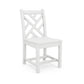 A white POLYWOOD® Chippendale Outdoor Dining Side Chair with a crossed lattice design on the backrest and a solid seat, isolated on a plain white background.