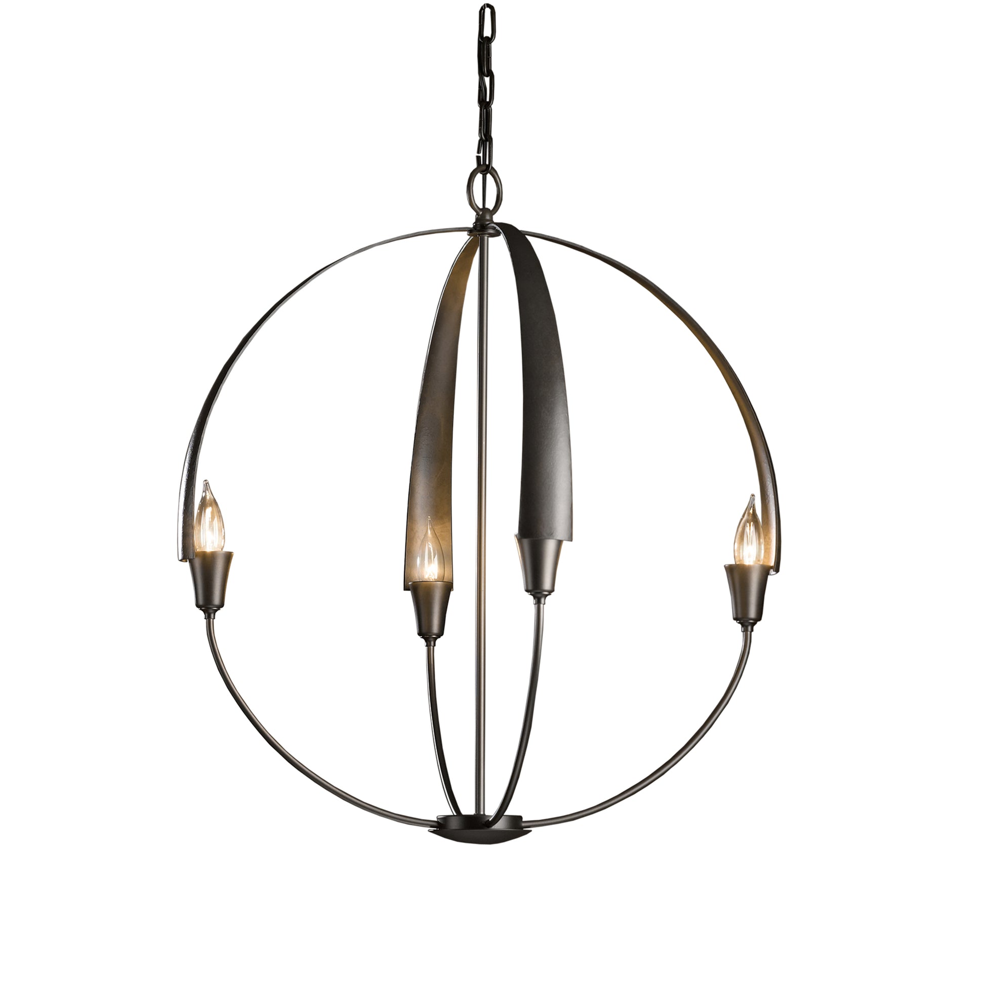 Hubbardton Forge Cirque Chandelier with three candle-shaped bulbs in a hand-crafted spherical metal frame.