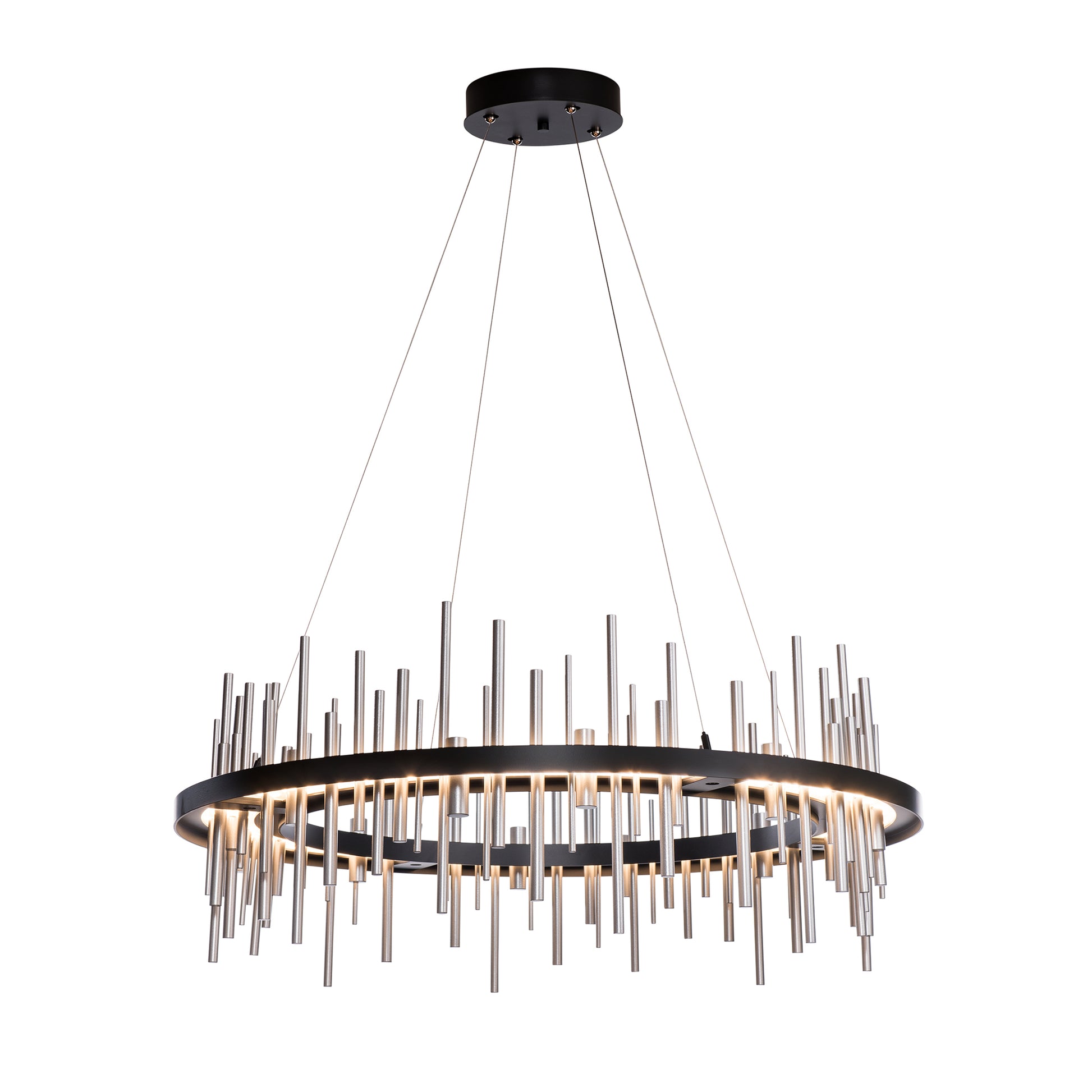 A Hubbardton Forge Circular Cityscape Pendant modern chandelier featuring metal rods hanging from it.