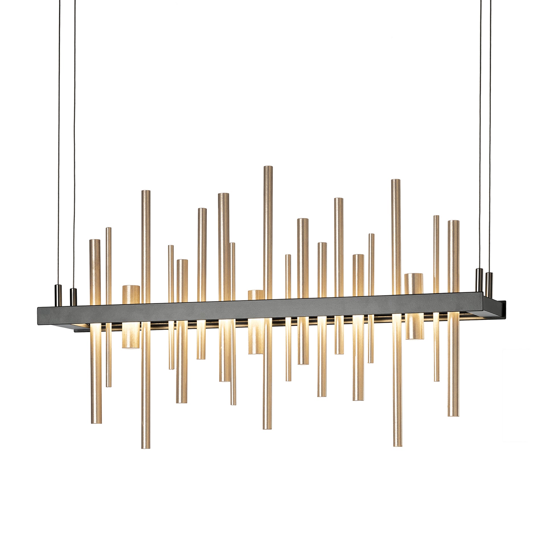 A sleek, modern Hubbardton Forge Cityscape LED Pendant with a handcrafted metal rod hanging from it.