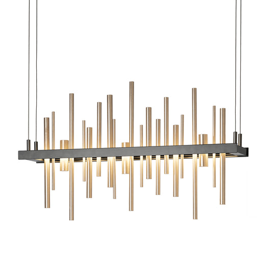 A sleek, modern Hubbardton Forge Cityscape LED Pendant with a handcrafted metal rod hanging from it.