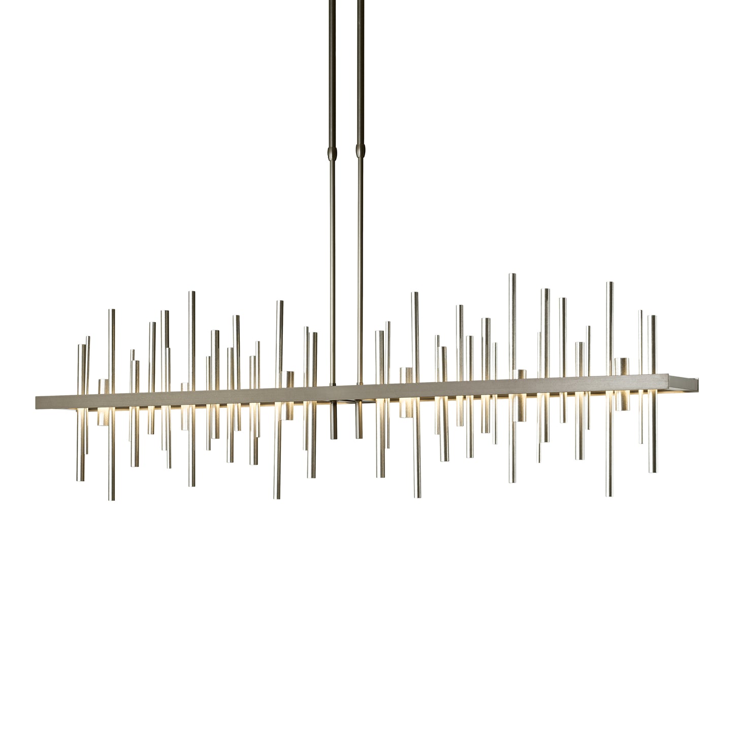 A sleek Hubbardton Forge Cityscape Large LED Pendant light fixture with metal rods, creating an urban panorama from the ceiling.