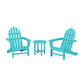 Two turquoise POLYWOOD Classic Adirondack chairs with a matching small round table positioned between them, all set against a plain white background.