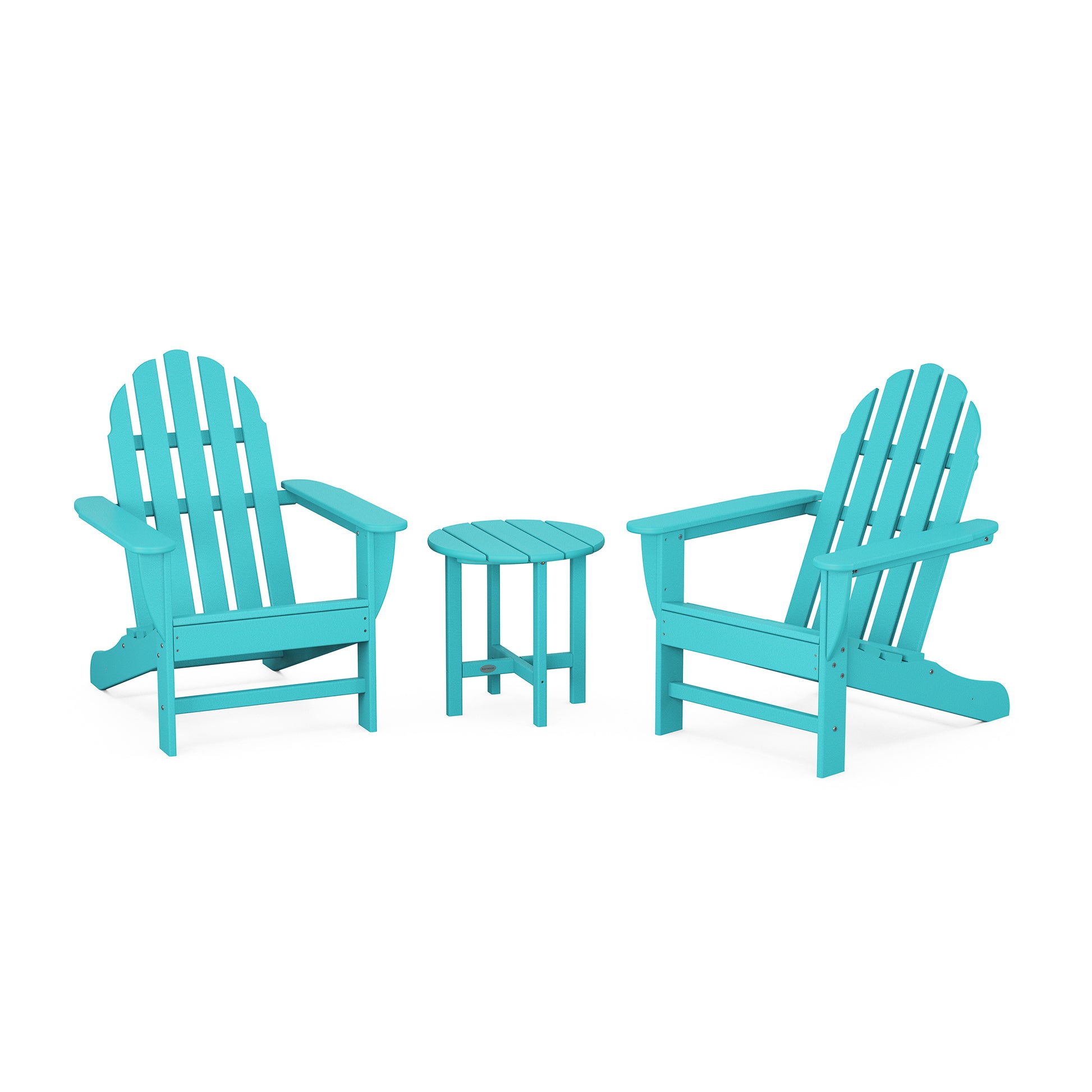 Two turquoise POLYWOOD Classic Adirondack chairs with a matching small round table positioned between them, all set against a plain white background.