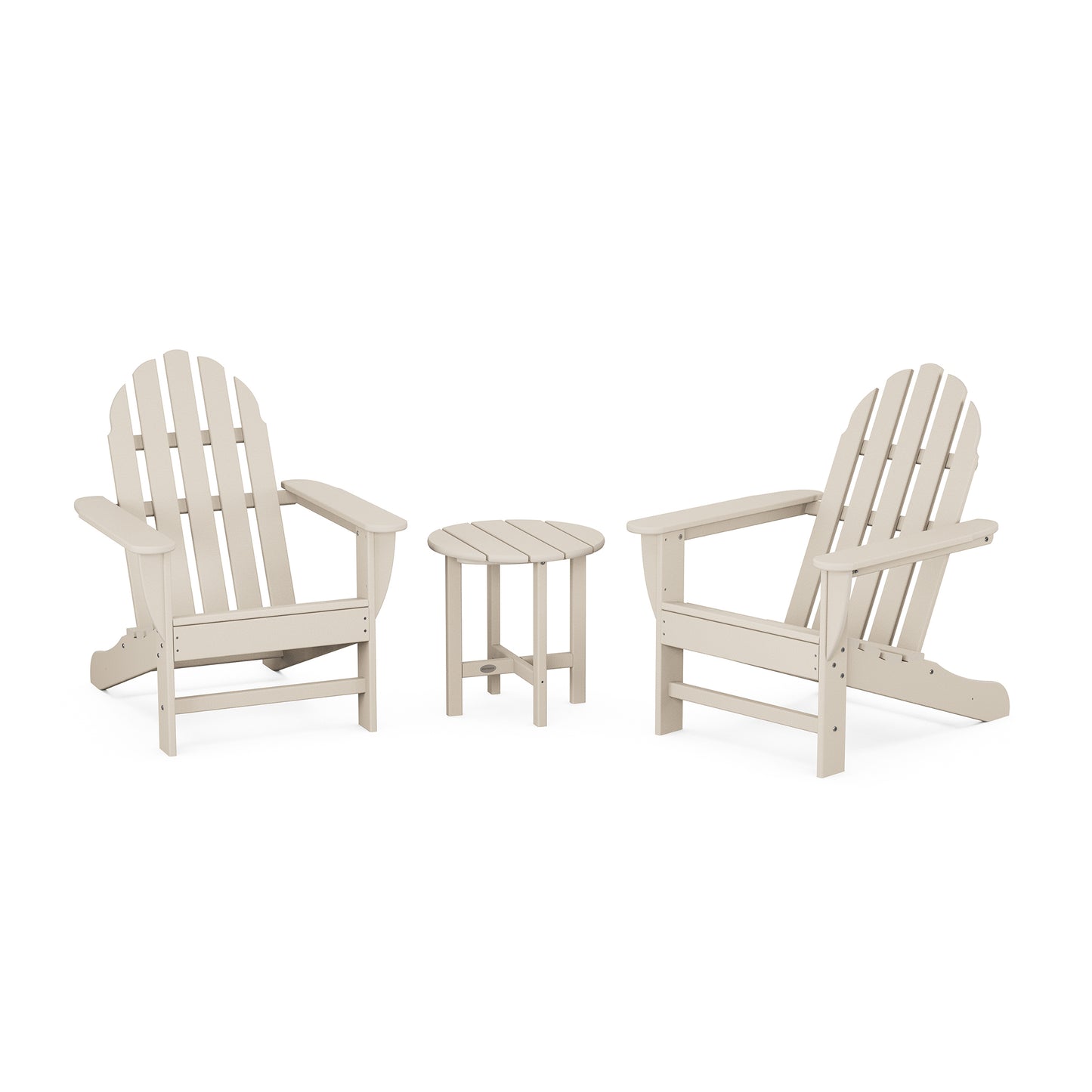 Two beige POLYWOOD Classic Adirondack chairs with a small matching table set between them, depicted on a white background.