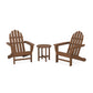 Two brown POLYWOOD® Classic Adirondack 3-Piece Sets flanking a small matching round table, set against a plain white background. The furniture displays a simple, streamlined design.