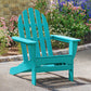 A POLYWOOD Classic Adirondack Chair in teal, designed for outdoor durability with POLYWOOD® lumber, is situated on a paved surface. In the background, a garden teems with white, pink, and purple flowers bordered by a stone wall.