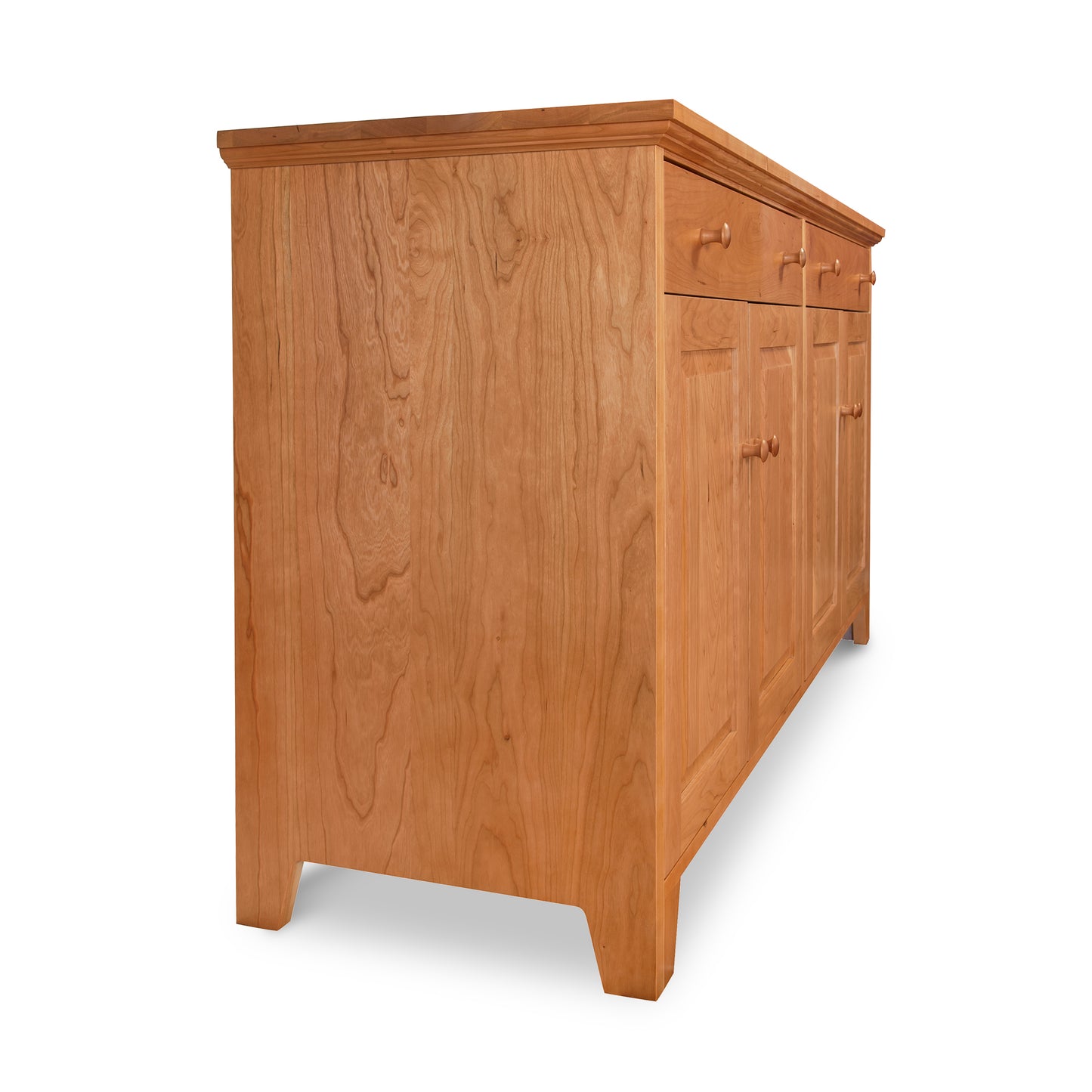 This Classic Country Buffet, crafted with Lyndon Furniture craftsmanship, features a sturdy hardwood construction. It is designed with drawers and doors for ample storage.