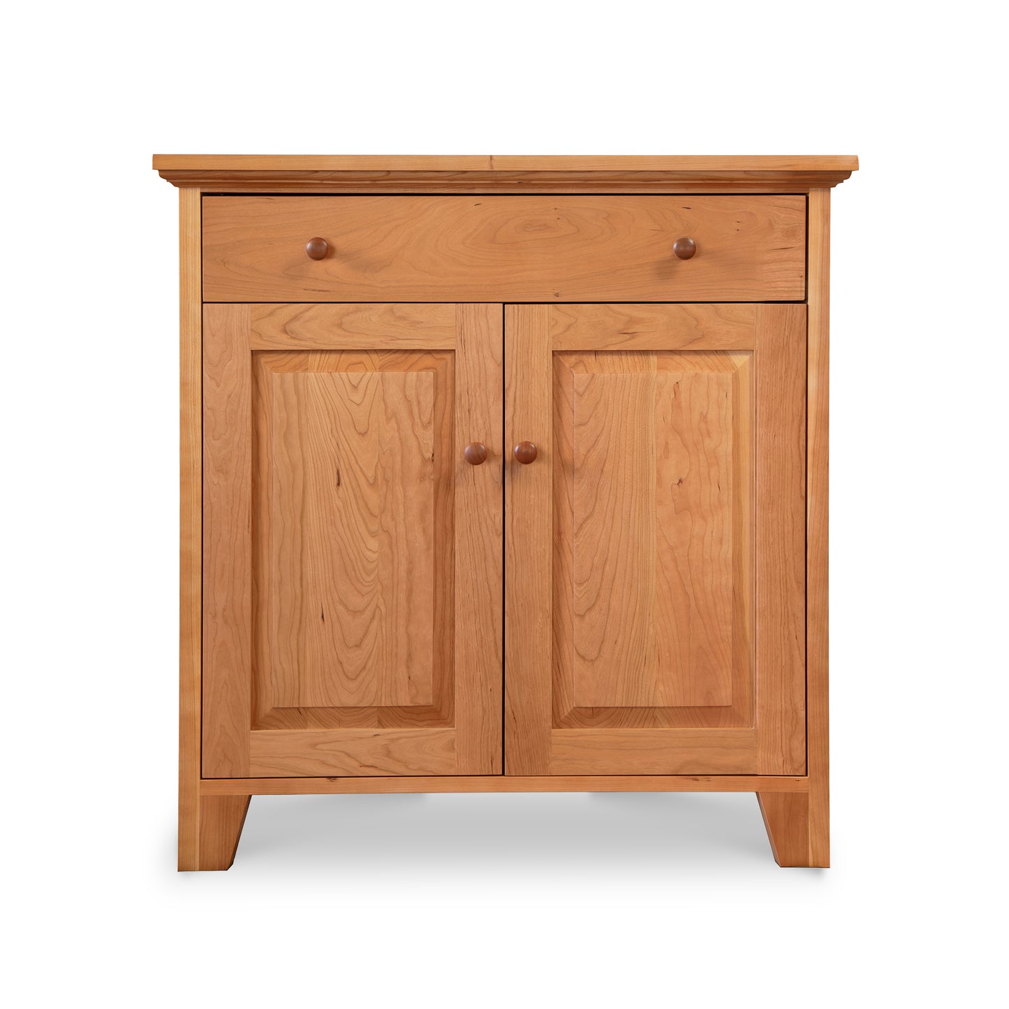 Classic Country Buffet by Lyndon Furniture, Vermont-crafted wooden cabinet featuring a drawer, two doors, and round knobs in light brown hardwood.