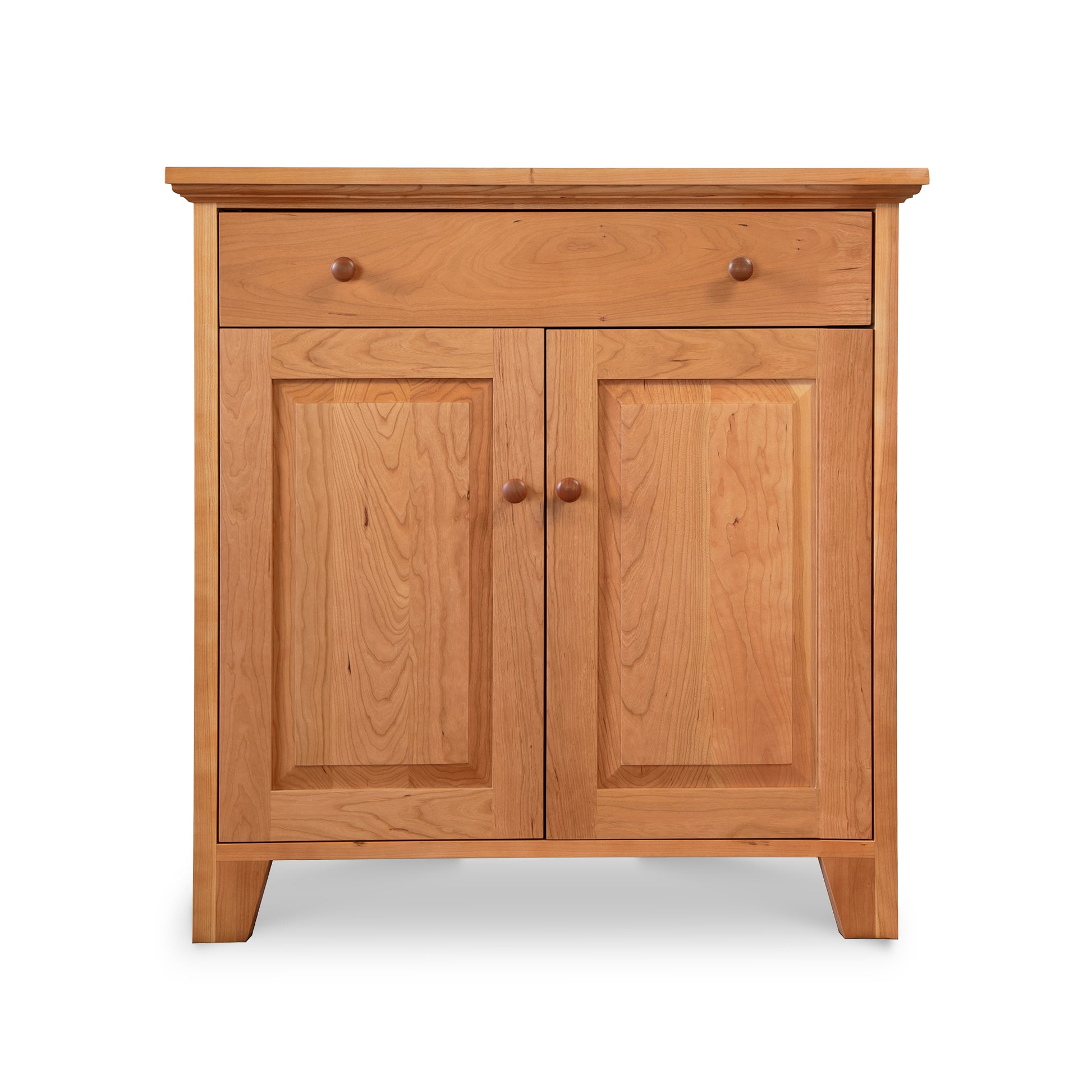 Classic Country Buffet by Lyndon Furniture, Vermont-crafted wooden cabinet featuring a drawer, two doors, and round knobs in light brown hardwood.