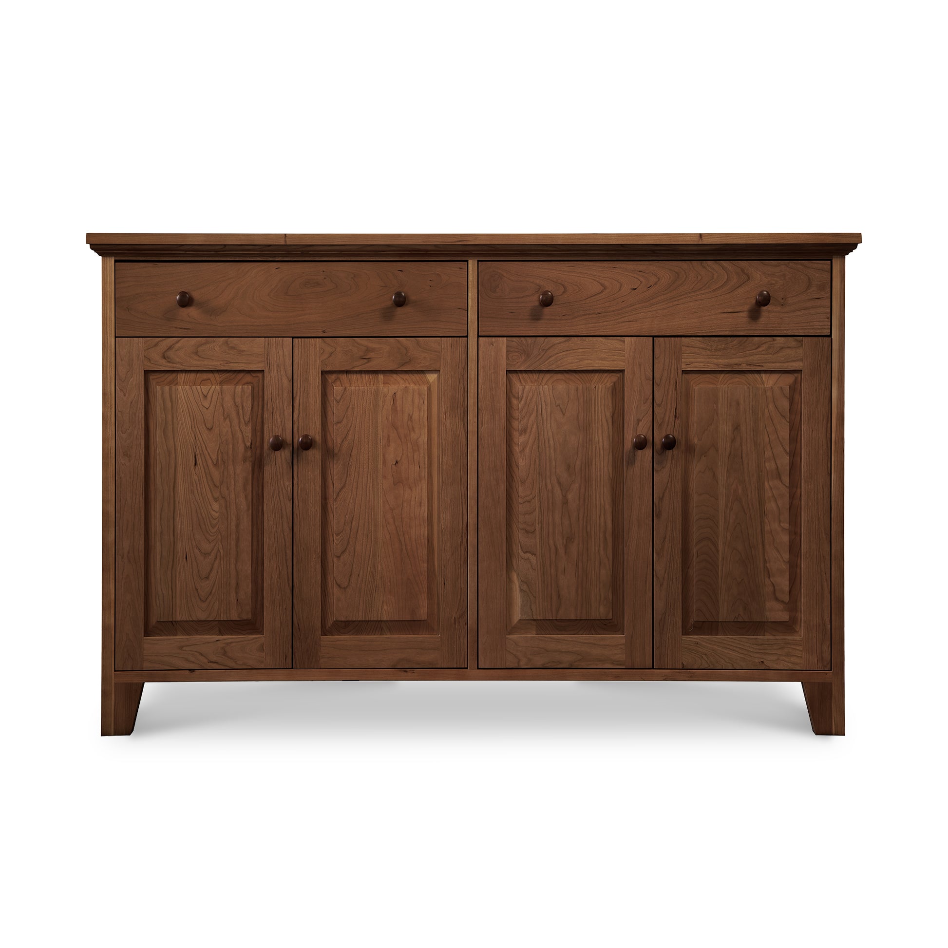 Classic Country Buffet by Lyndon Furniture, medium brown wooden sideboard with 2 drawers, 4 cabinets, and round knobs.