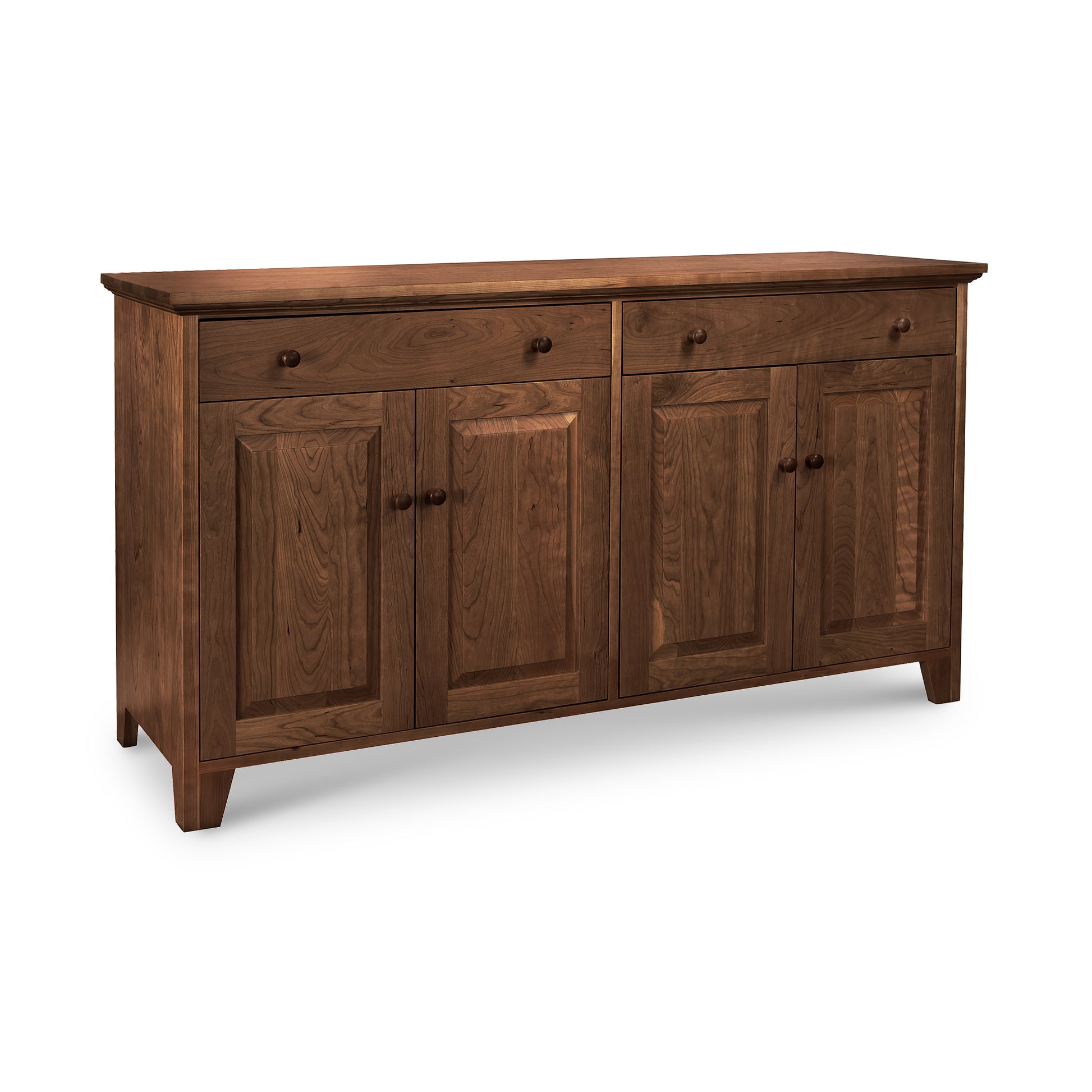 Classic Country Buffet by Lyndon Furniture: Dark-finished Vermont sideboard featuring 2 drawers, 4 round-handled doors, and short legs.