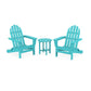 Two teal POLYWOOD Classic Folding Adirondack chairs from POLYWOOD® Outdoor Furniture face each other with a small round table between them, set against a plain white background.