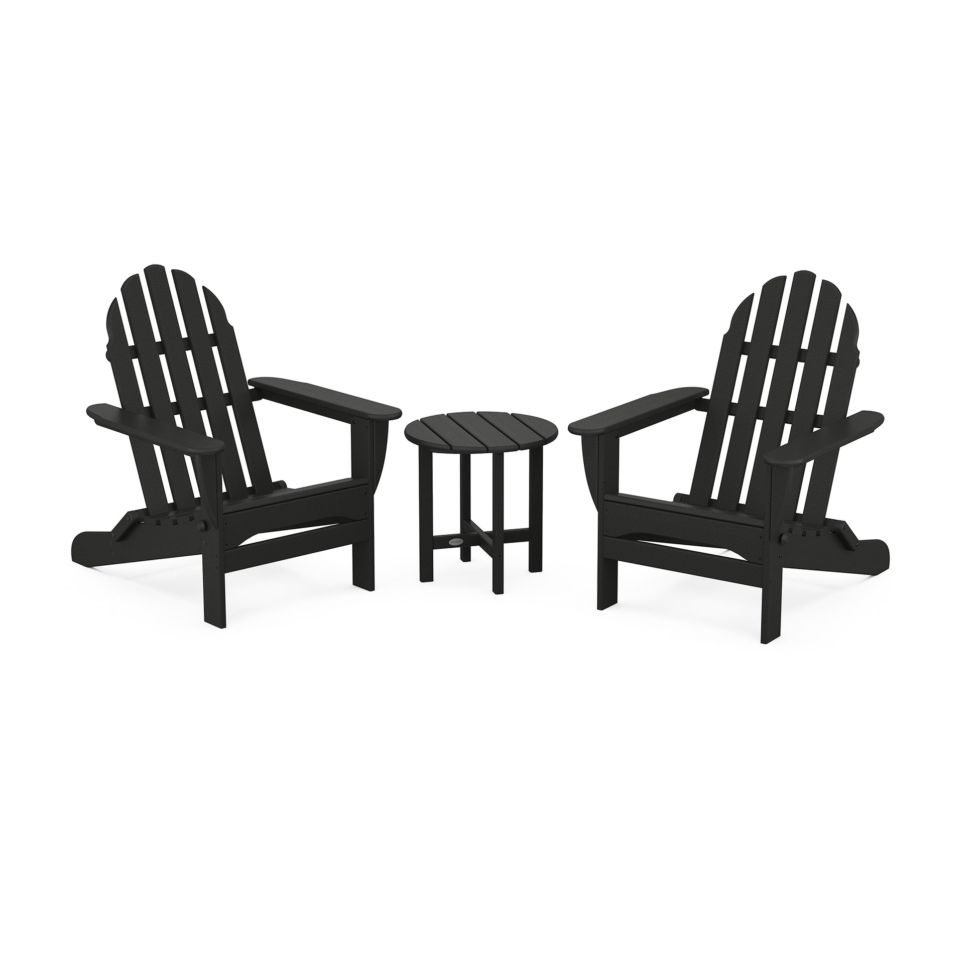 Two black POLYWOOD Classic Folding Adirondack chairs facing each other with a small round table between them, set against a white background.