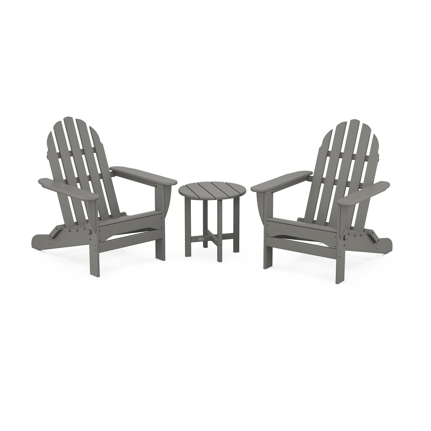 Three gray POLYWOOD Classic Folding Adirondack 3-Piece Set chairs on a white background.