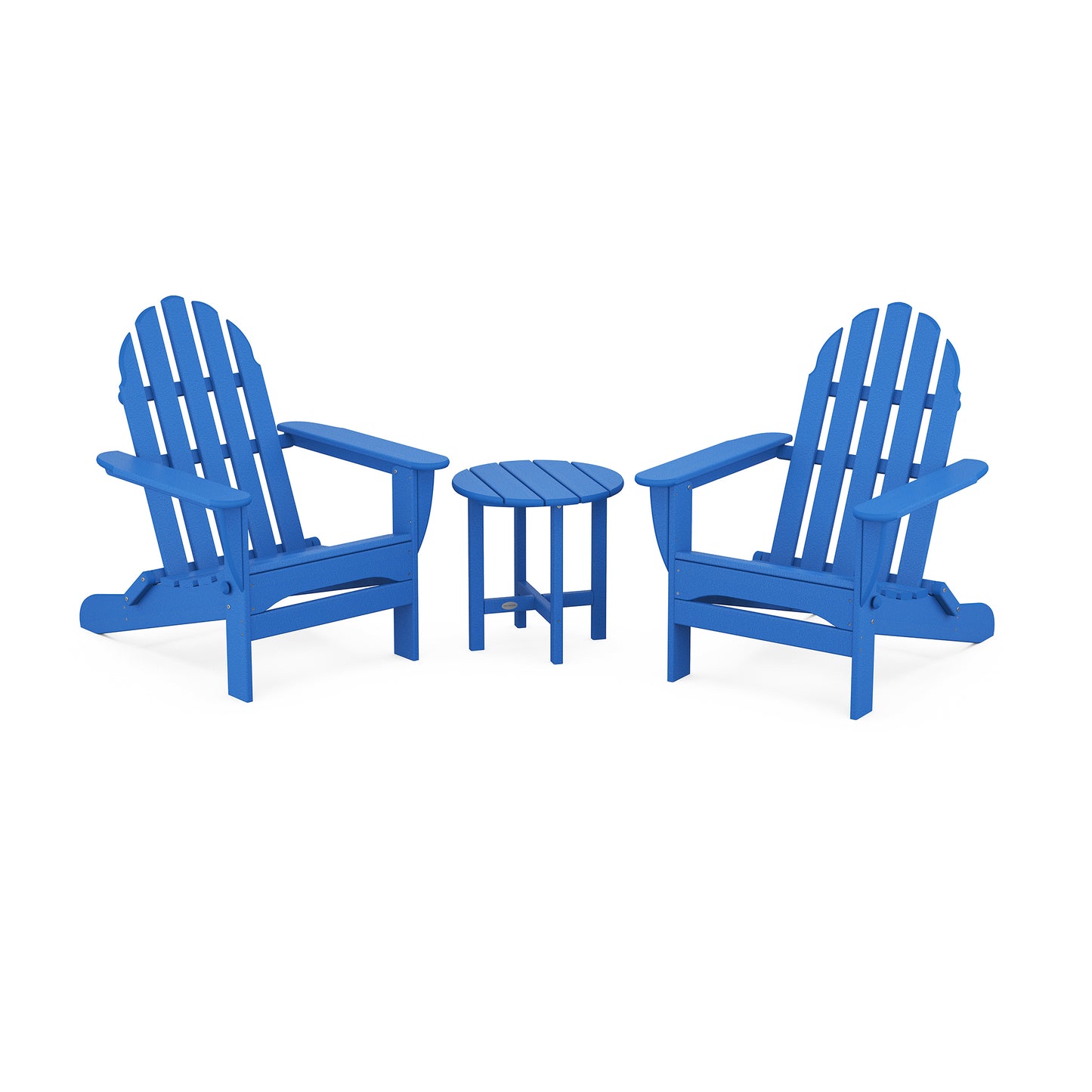Two blue POLYWOOD Classic Folding Adirondack 3-Piece Sets facing each other with a small round table between them, isolated on a white background.