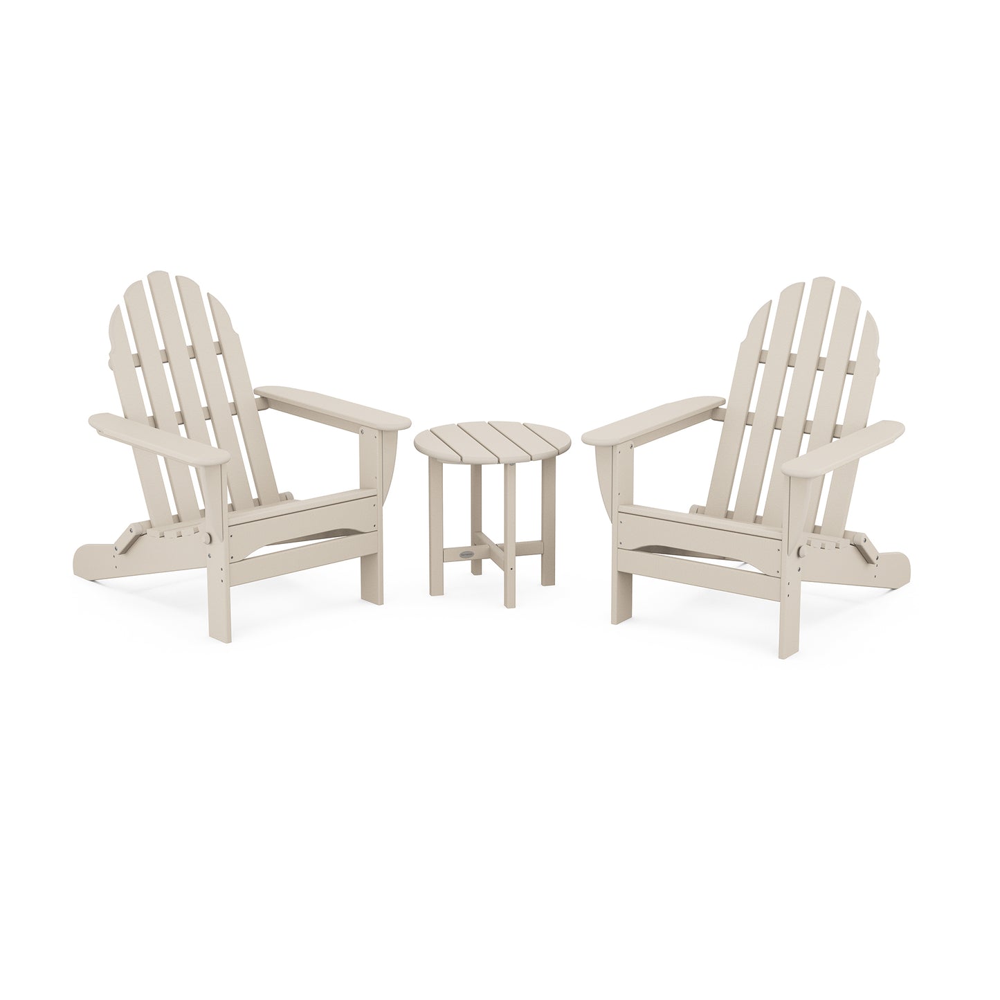 Two beige POLYWOOD® Classic Folding Adirondack 3-Piece Sets with a small matching side table, known for their outdoor durability, set against a white background.