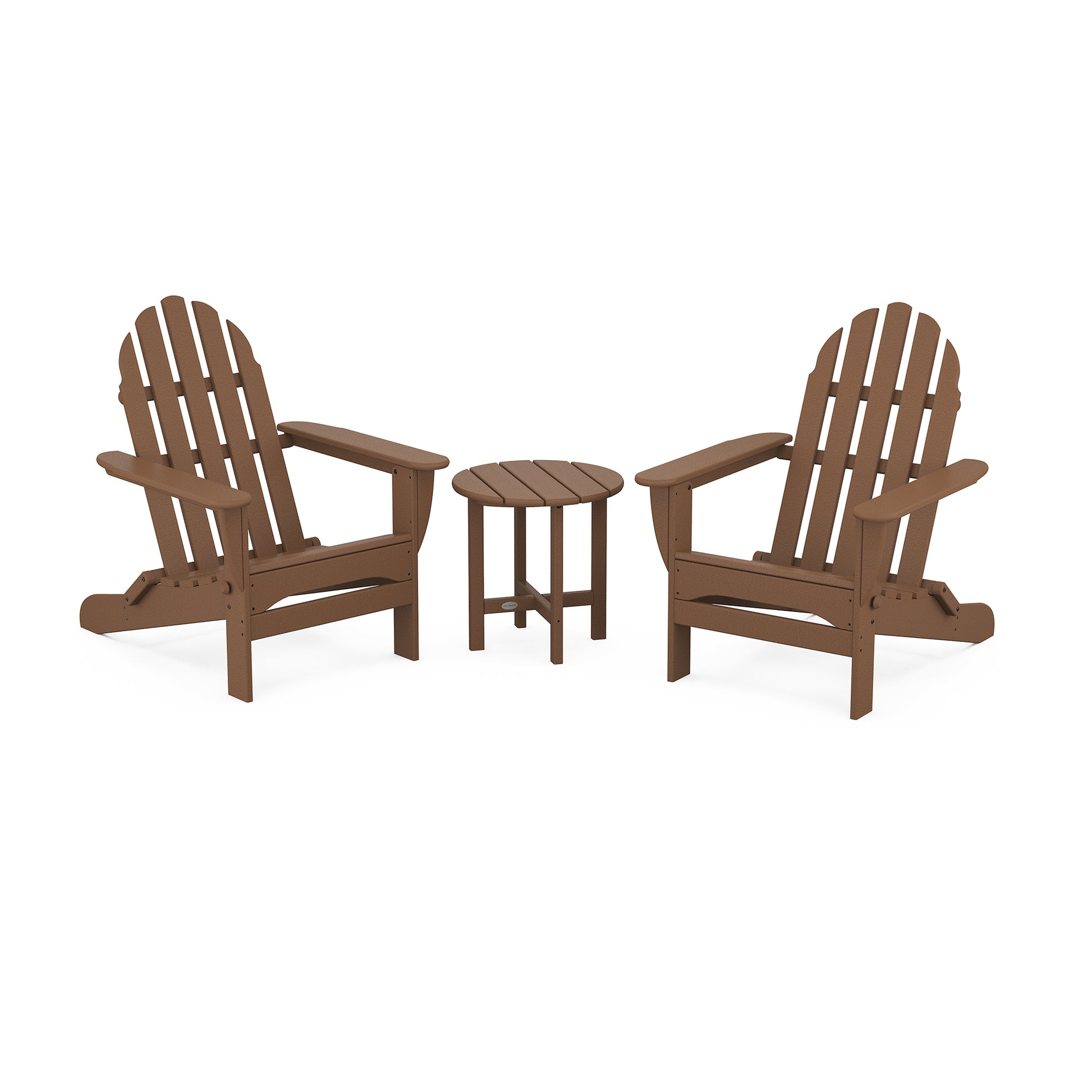 Two brown POLYWOOD® Classic Folding Adirondack 3-Piece Sets with a small round table between them, isolated on a white background. The chairs feature a classic slatted design.