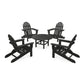 Four black POLYWOOD Classic Folding Adirondack chairs arranged around a round black table, all positioned on a white background.