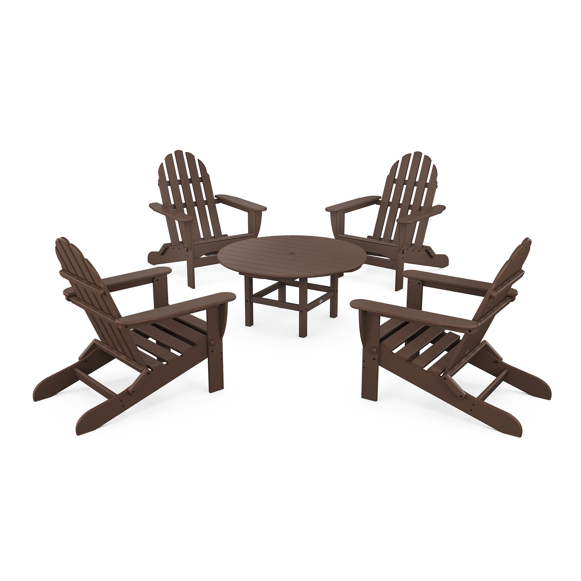Four POLYWOOD Classic Folding Adirondack chairs arranged around a small, round table on a plain white background. The furniture, made of slatted wood, suggests a casual outdoor conversation set.
