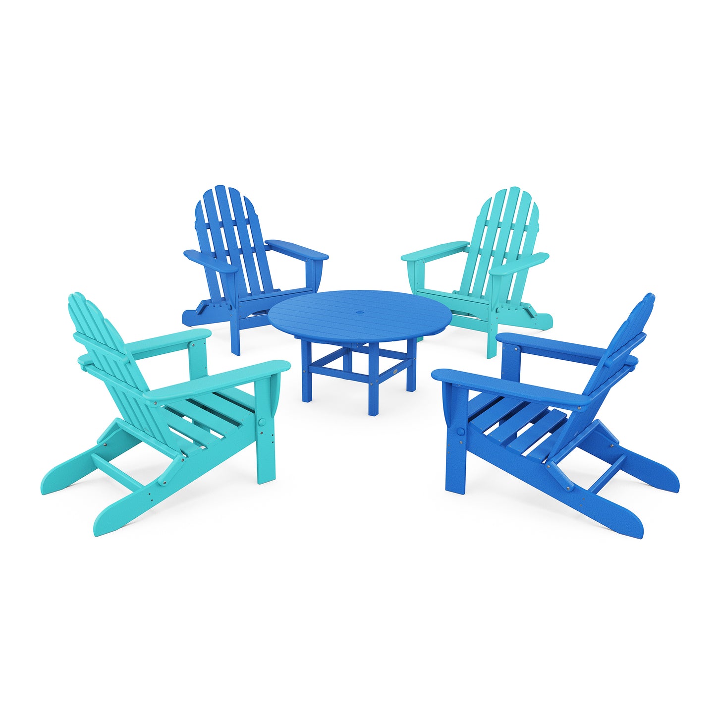 Four colorful POLYWOOD Classic Folding Adirondack chairs in teal and blue arranged around a small round matching table, isolated on a white background.