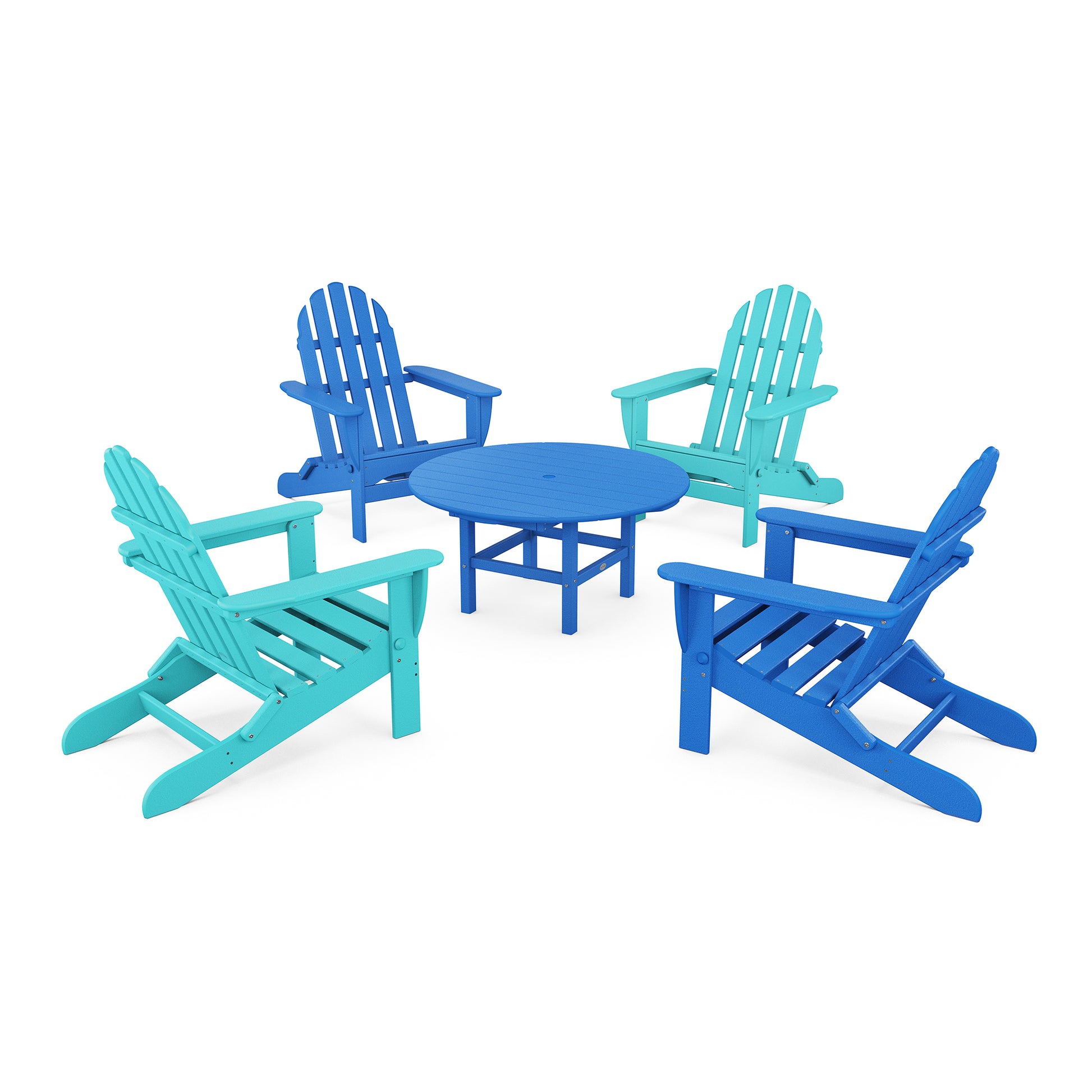 Four colorful POLYWOOD Classic Folding Adirondack chairs in teal and blue arranged around a small round matching table, isolated on a white background.