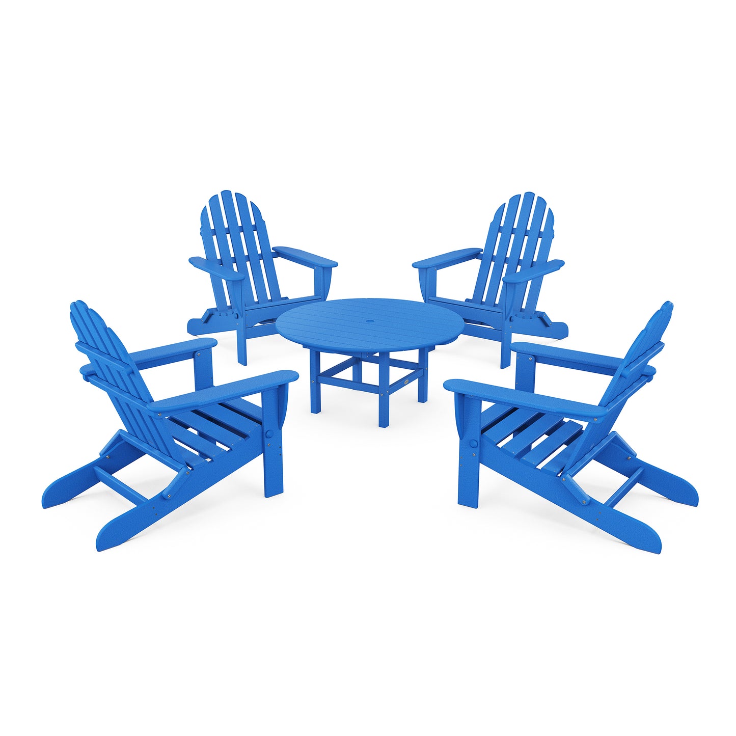 Four blue POLYWOOD Classic Folding Adirondack chairs arranged around a small circular table, all set on a plain white background.