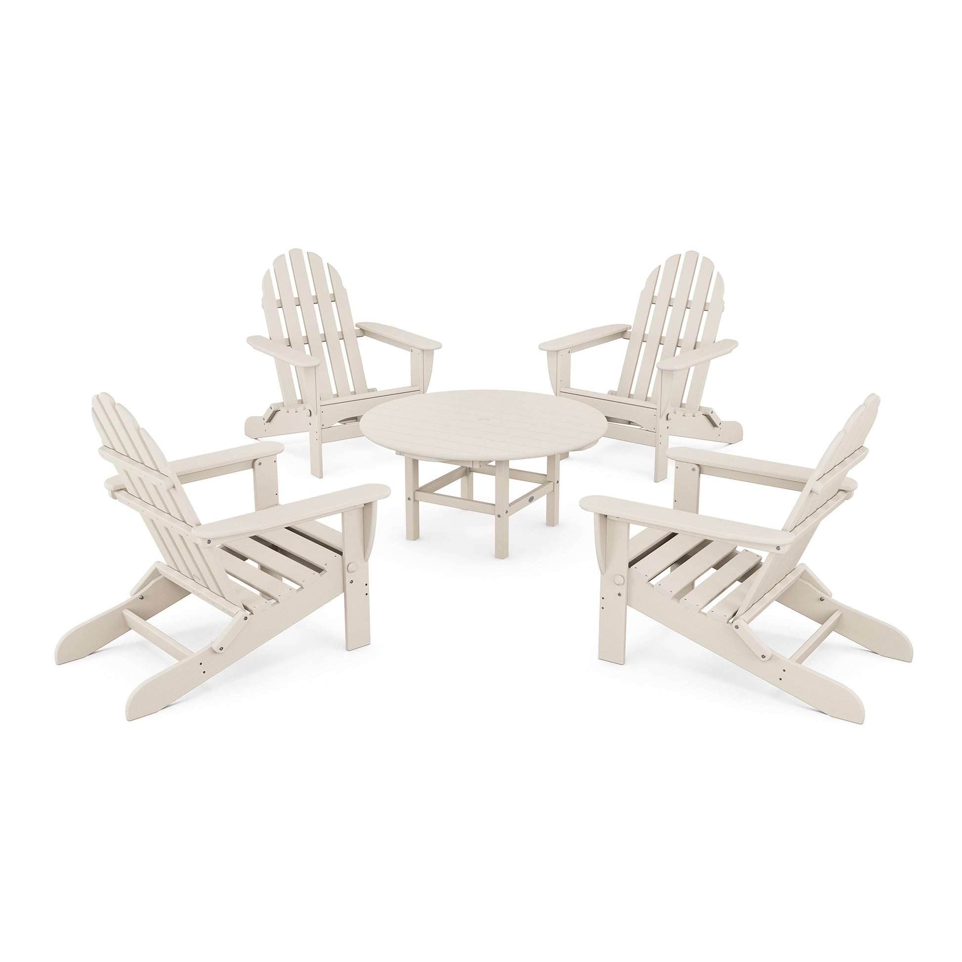 Four POLYWOOD Classic Folding Adirondack chairs arranged around a small, round table, all set on a plain white background. The furniture is made of recycled lumber, painted in a matt white finish.