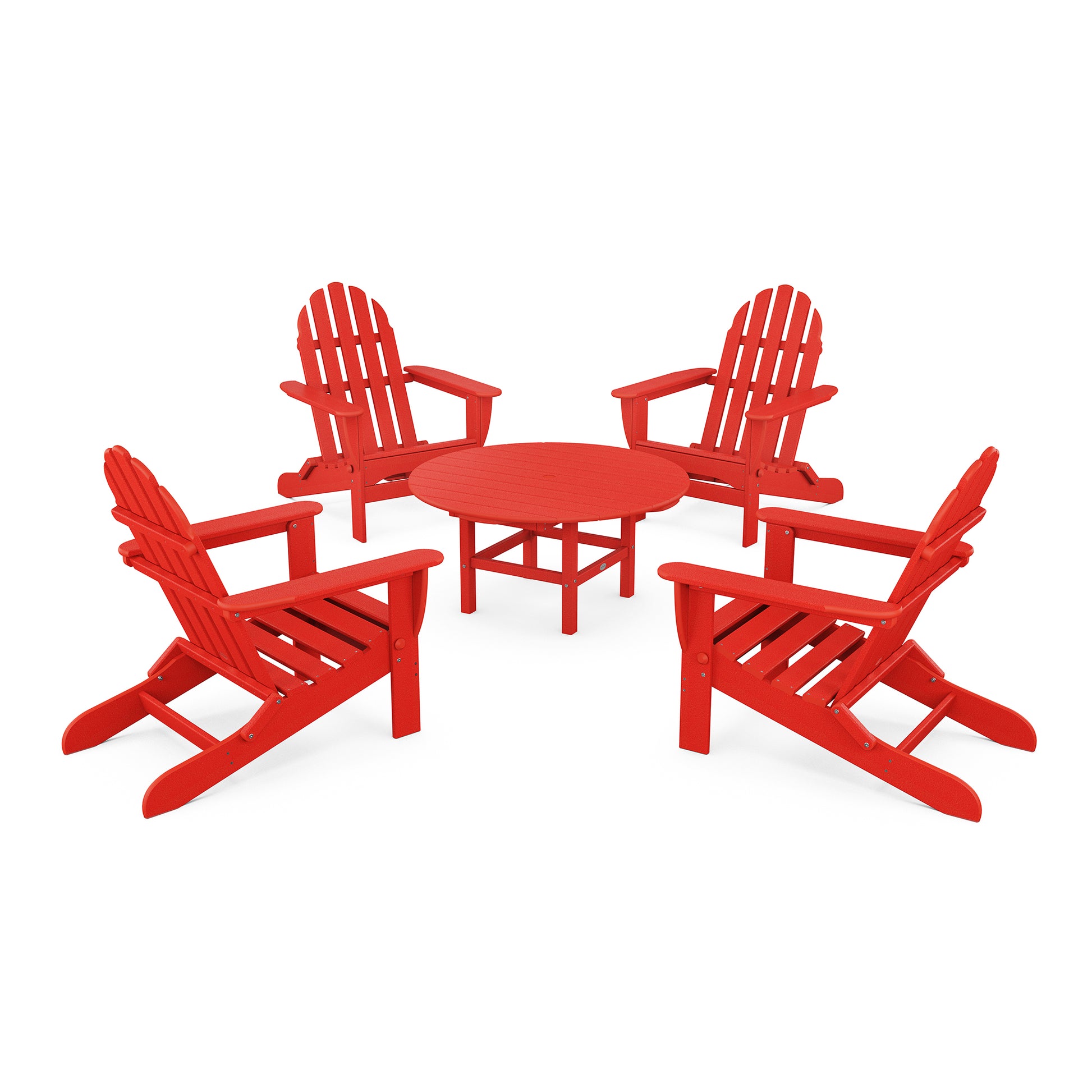 Four red POLYWOOD Classic Folding Adirondack chairs arranged around a matching red circular table, set on a white background. The chairs are styled with wide back slats and armrests, suggesting.