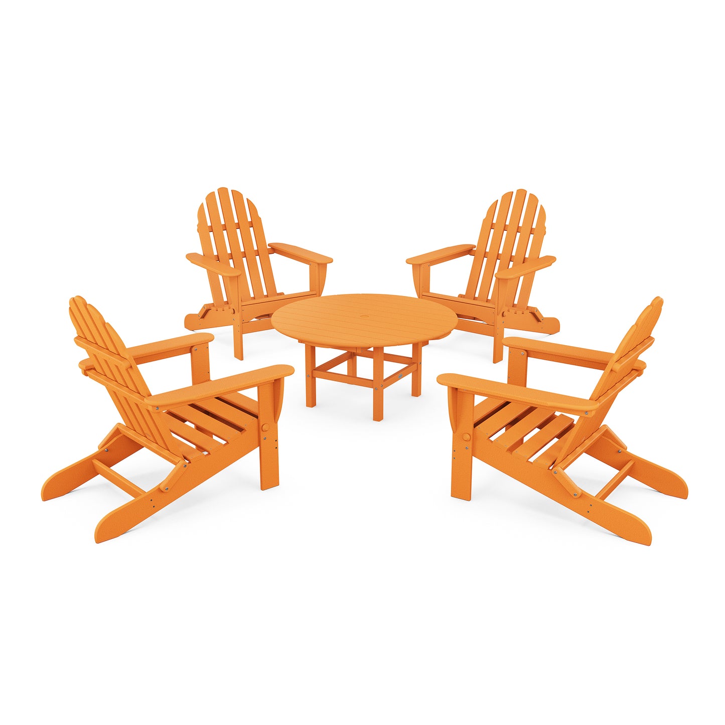 Five orange POLYWOOD Classic Folding Adirondack chairs arranged around a small matching circular table, set on a plain white background.