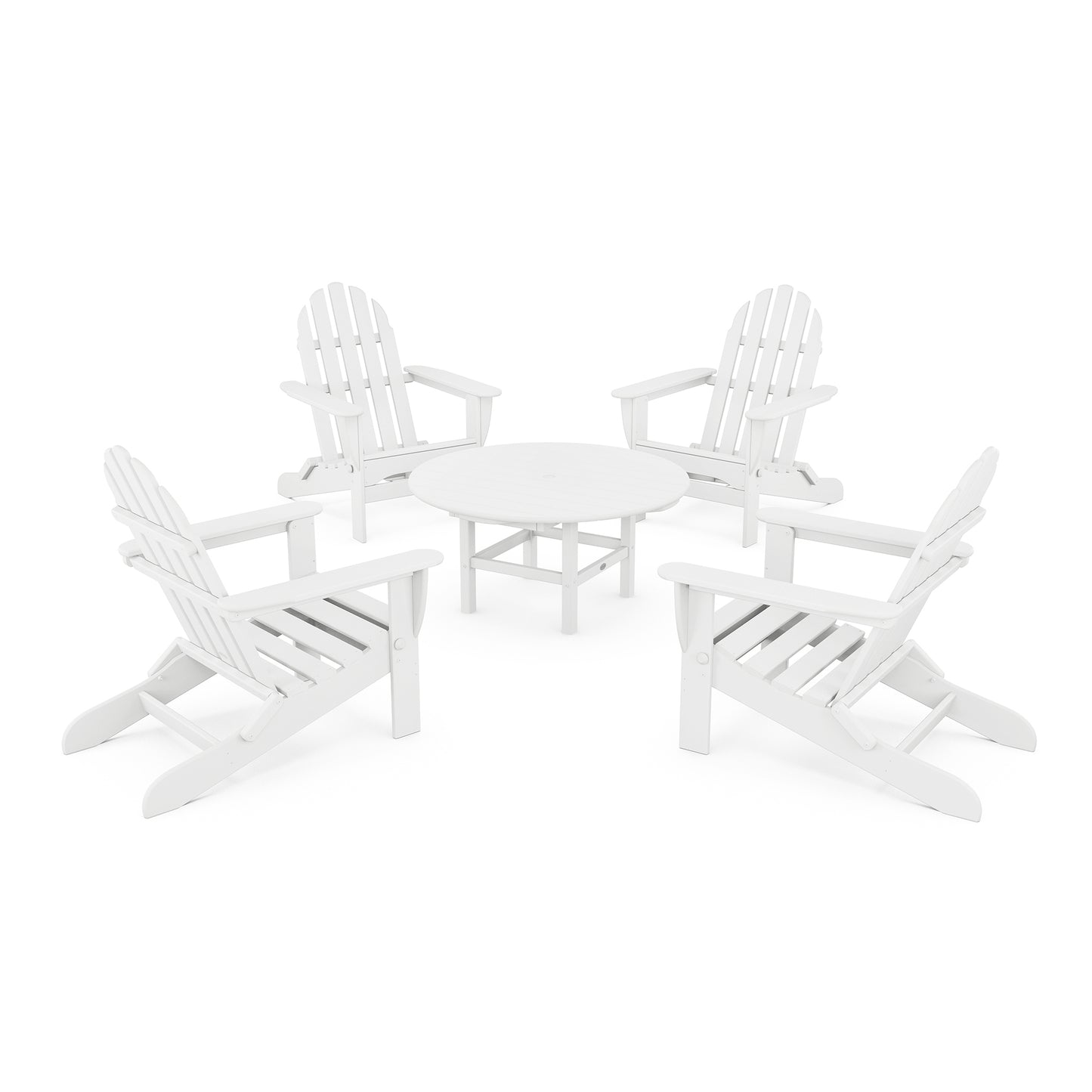 A set of four white POLYWOOD Classic Folding Adirondack chairs arranged around a small round table, all positioned on a plain white background.