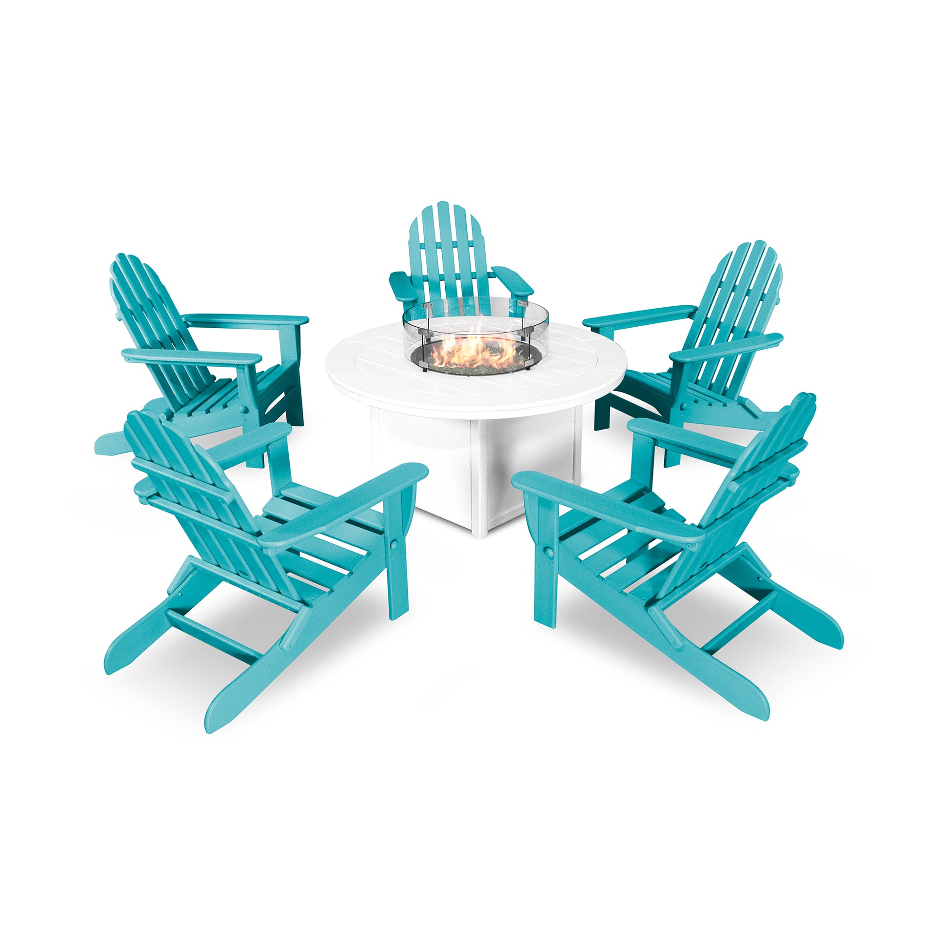 Five teal POLYWOOD Classic Folding Adirondack chairs arranged around a round white fire pit table, set against a plain white background.