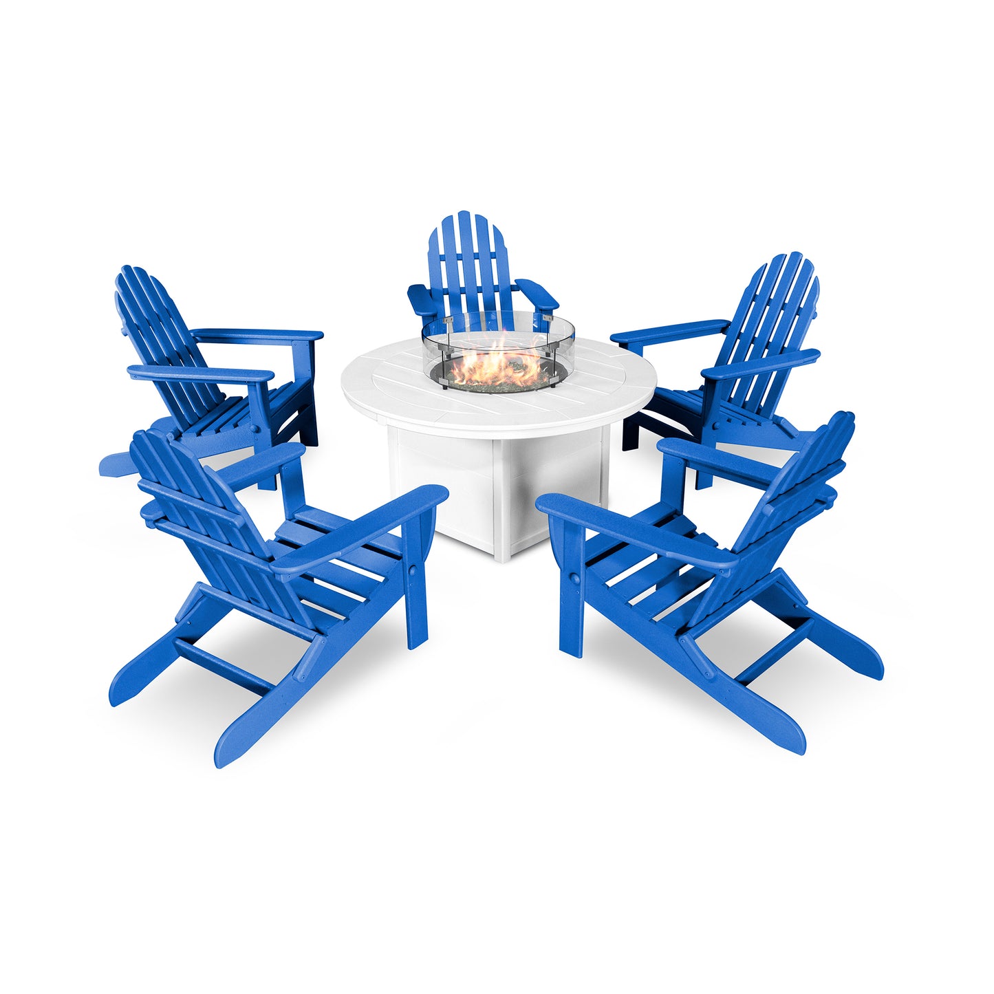 A set of bright blue POLYWOOD Classic Folding Adirondack 6-Piece Conversation Set with Fire Pit Table arranged in a circle around a white round Fire Pit Table, isolated on a white background.