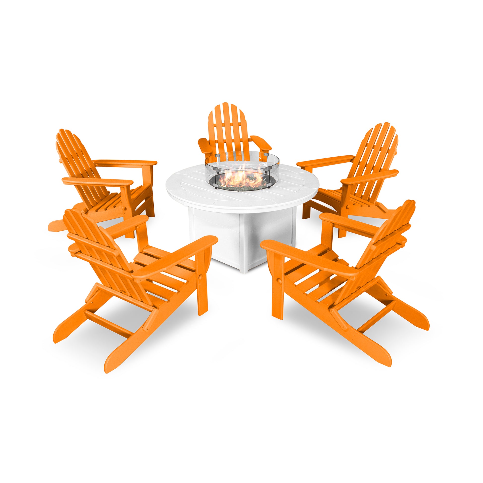 A set of four orange POLYWOOD Classic Folding Adirondack Chairs arranged around a white round POLYWOOD Fire Pit Table, all placed on a plain white background.