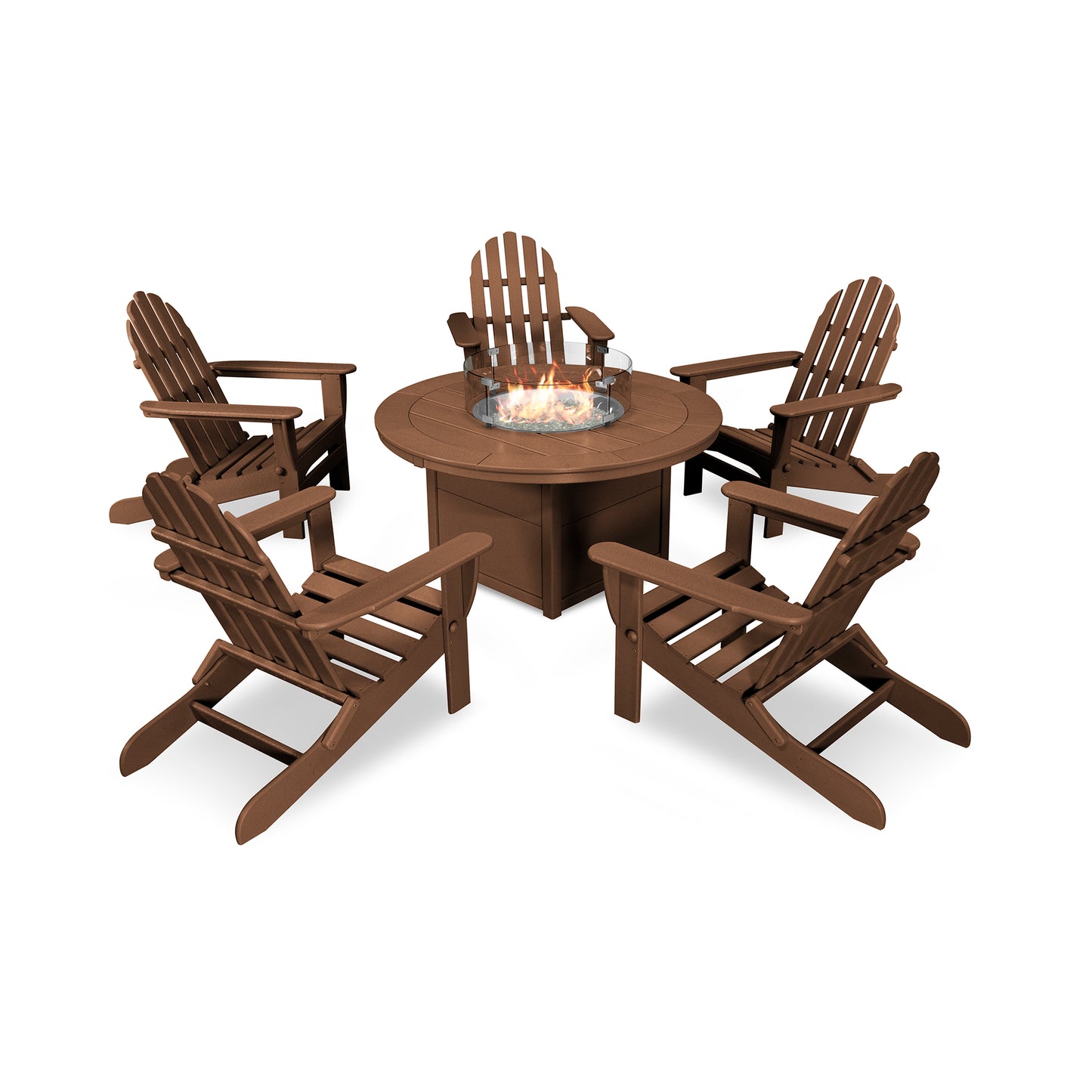A set of four wooden POLYWOOD Classic Folding Adirondack chairs arranged around a circular fire pit table, all set on a plain white background.