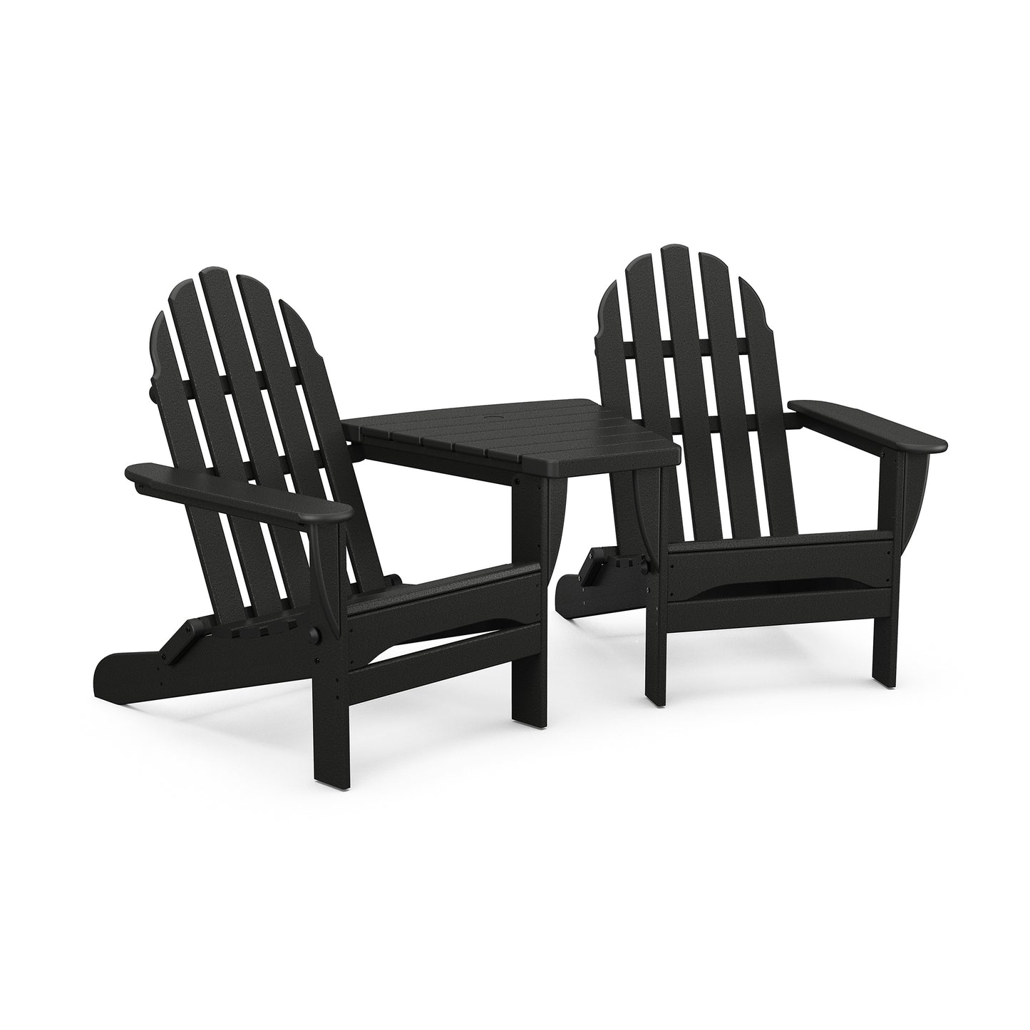 Two black POLYWOOD Classic Folding Adirondacks with Connecting Table, displayed against a white background.