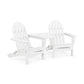 Two white POLYWOOD Classic Folding Adirondack chairs with a connecting table, set against a plain white background.