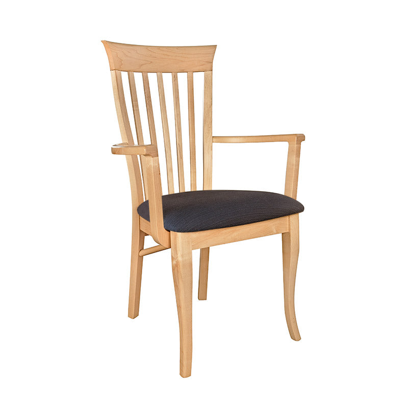 A wooden chair with a black upholstered seat.