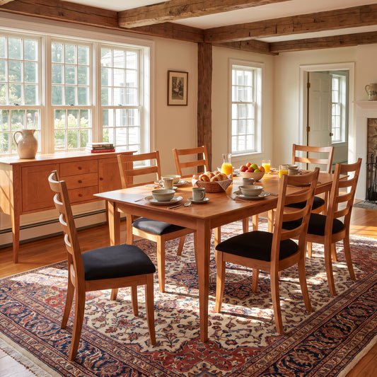 Lyndon Furniture Classic Shaker Flare Leg buffet with a matching wooden dining table and six chairs, showcasing expert American craftsmanship.