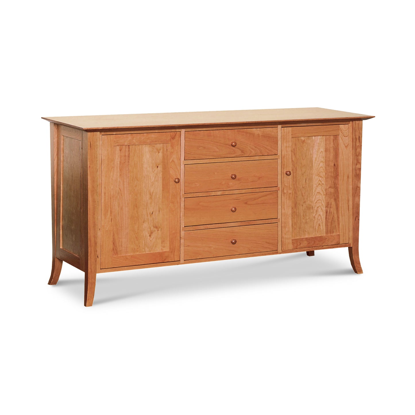 This large wooden sideboard, crafted with Lyndon Furniture's Vermont craftsmanship, features both drawers and doors. Made with natural cherry wood, this Classic Shaker Flare Leg Large Buffet from Lyndon Furniture showcases timeless appeal.