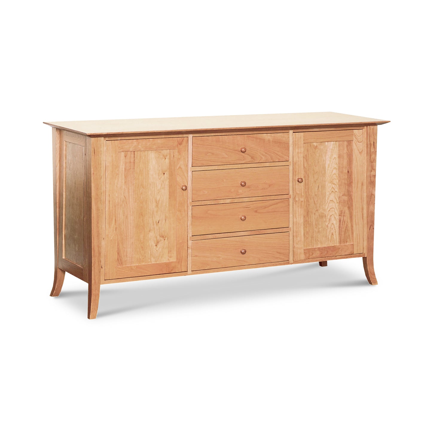 A large wooden sideboard with natural cherry finish, featuring drawers and Lyndon Furniture craftsmanship.
